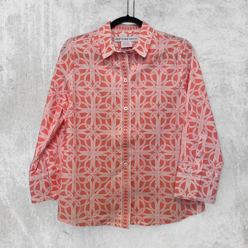 Gretchen Scott Boyfriend Shirt M Pink Ring Toss Geometric Button Up